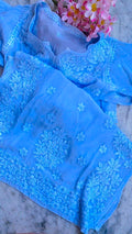 Rose blue silk Chikankari long kurta with embroidery, neck slit, and handmade Lucknow Chikankari by LVW Fashions.