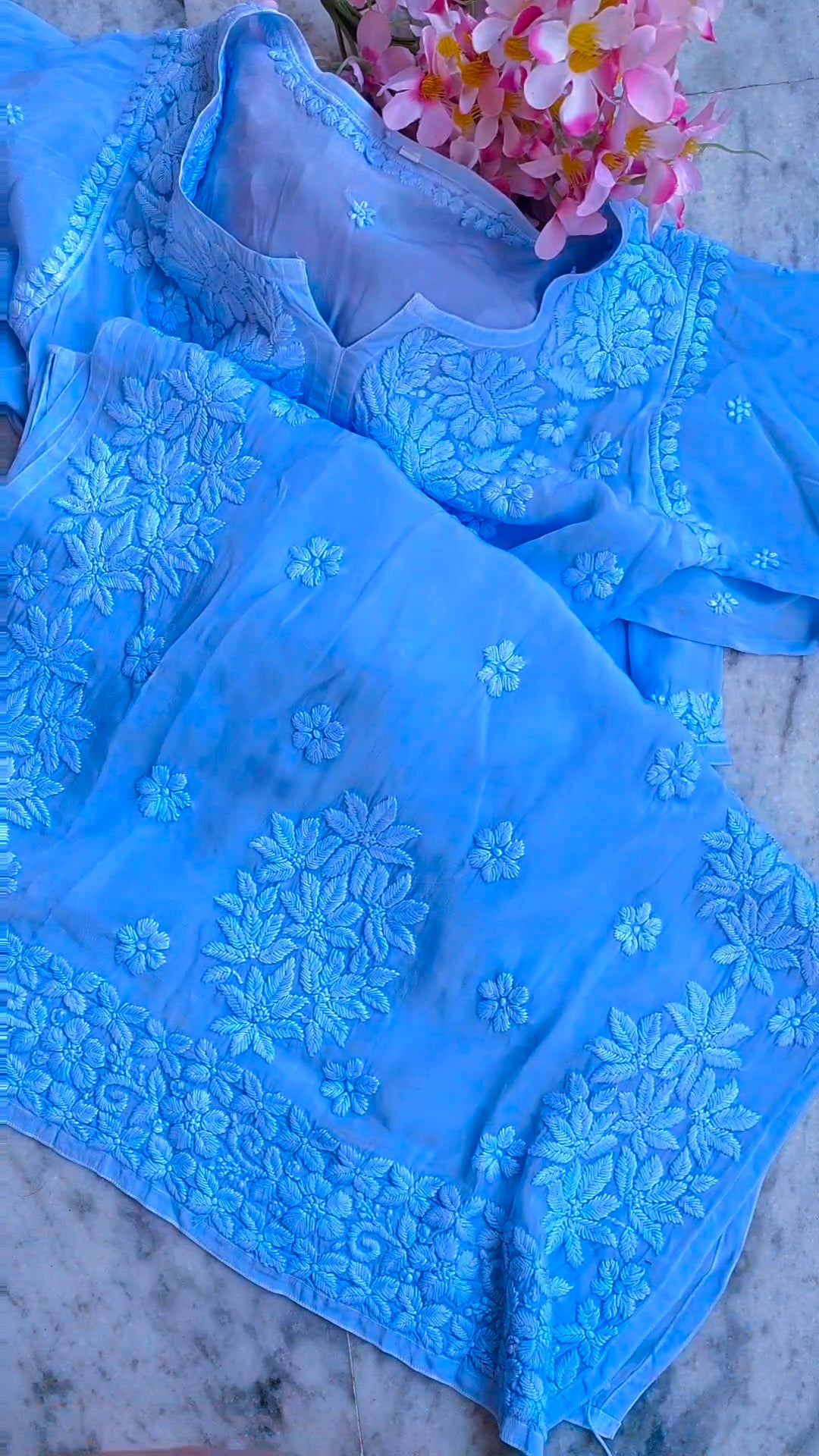 Rose blue silk Chikankari long kurta with embroidery, neck slit, and handmade Lucknow Chikankari by LVW Fashions.