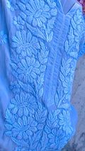 Rose blue premium silk Chikankari long kurta with embroidery, neck slit, and handmade Lucknow craftsmanship by LVW Fashions.