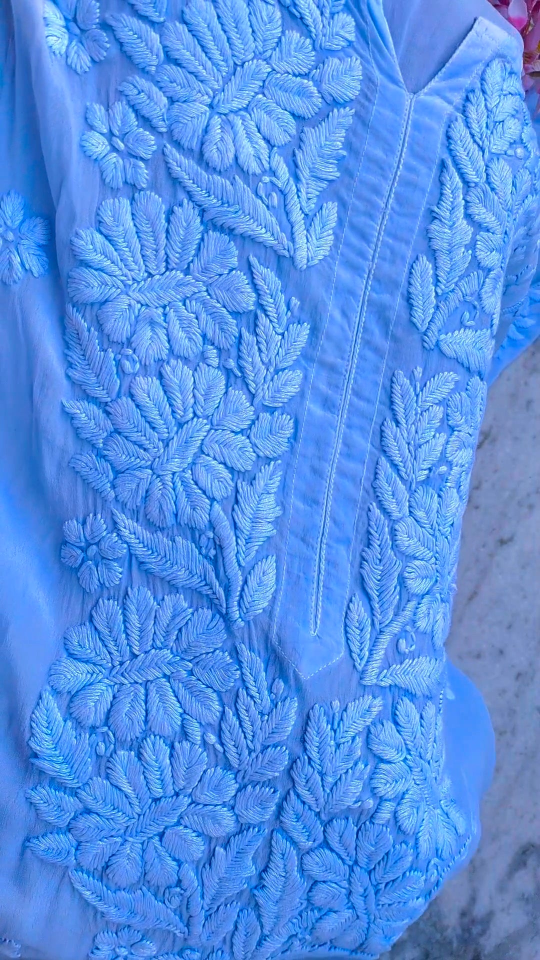 Rose blue premium silk Chikankari long kurta with embroidery, neck slit, and handmade Lucknow craftsmanship by LVW Fashions.