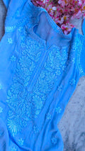 Rose blue silk Chikankari kurta with embroidery, long sleeves, slit design, handcrafted by LVW Fashions from Lucknow.