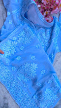 Rose blue silk long kurta with intricate Lucknow chikankari embroidery, neck detail, and side slit, handmade by LVW Fashions.