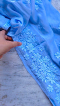 Rose blue silk long kurta with intricate Lucknow Chikankari embroidery, featuring a neckline and slit design by LVW Fashions.