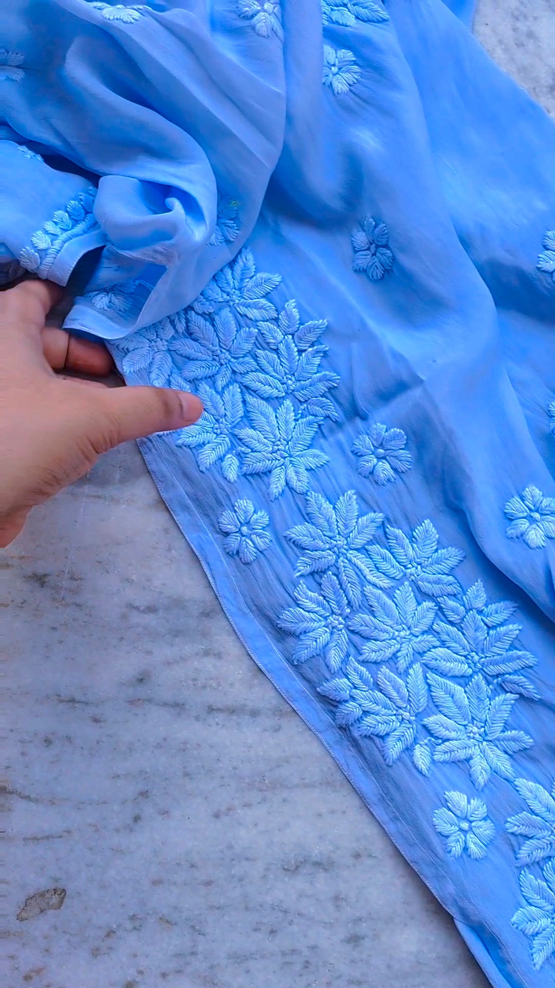 Rose blue silk long kurta with intricate Lucknow Chikankari embroidery, featuring a neckline and slit design by LVW Fashions.