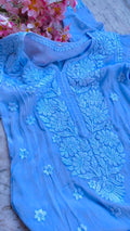 Rose blue premium silk Chikankari long kurta with embroidery, neck slit, handmade Lucknow Chikankari by LVW Fashions.