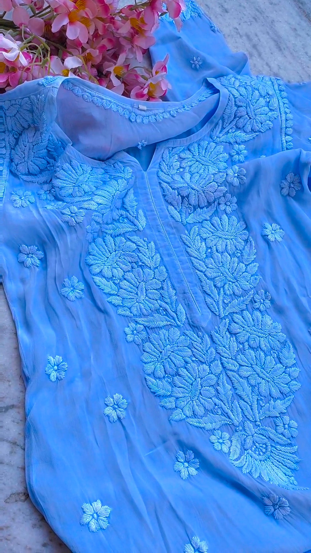Rose blue premium silk Chikankari long kurta with embroidery, neck slit, handmade Lucknow Chikankari by LVW Fashions.