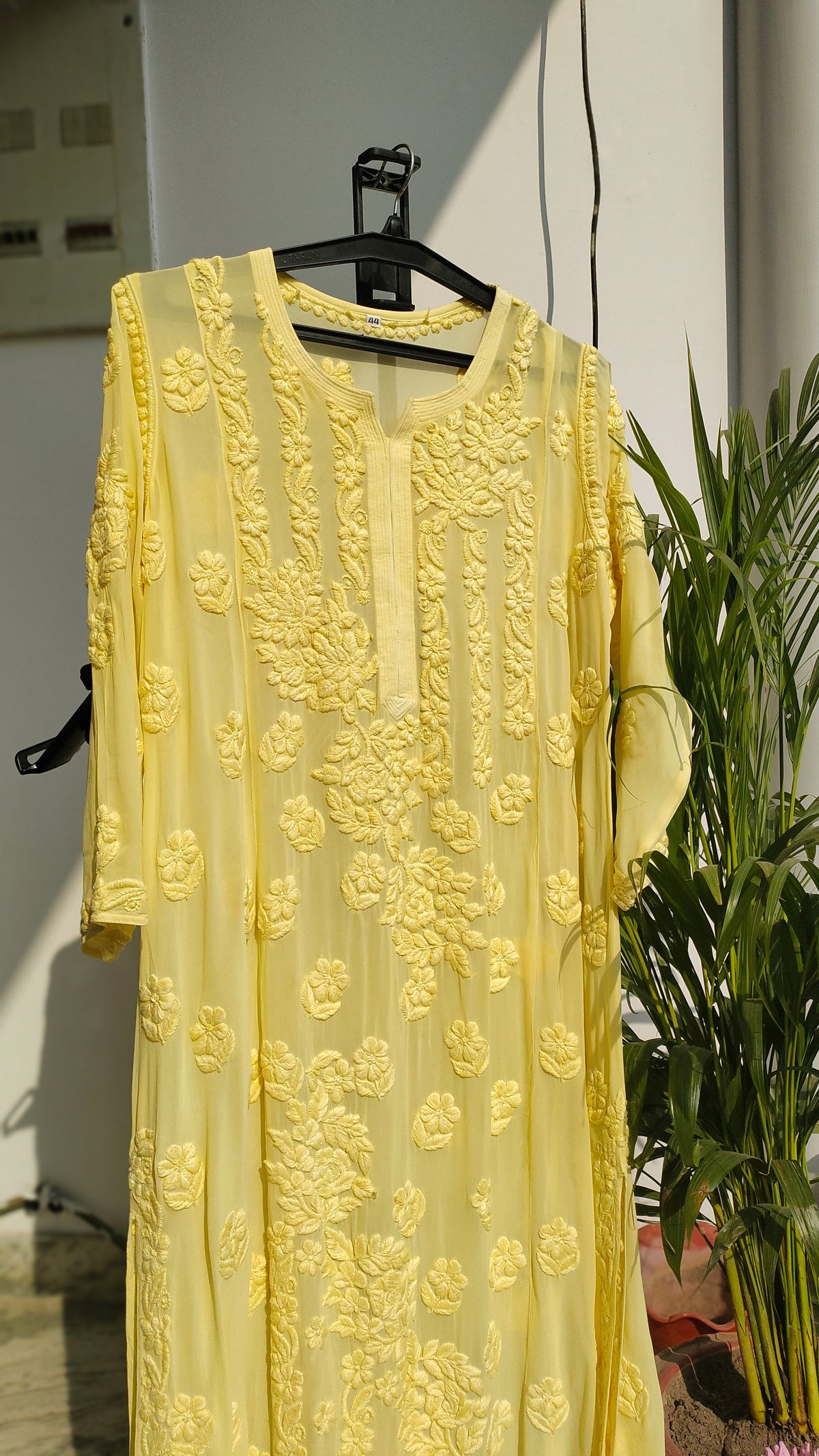 Pink rose embroidery on pure georgette long chikankari kurta by LVW Fashions, handcrafted Lucknow style, elegant and traditional.