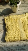 Rose embroidery on LVW Fashions premium georgette long kurta, handmade chikankari design from Lucknow, pure and elegant.