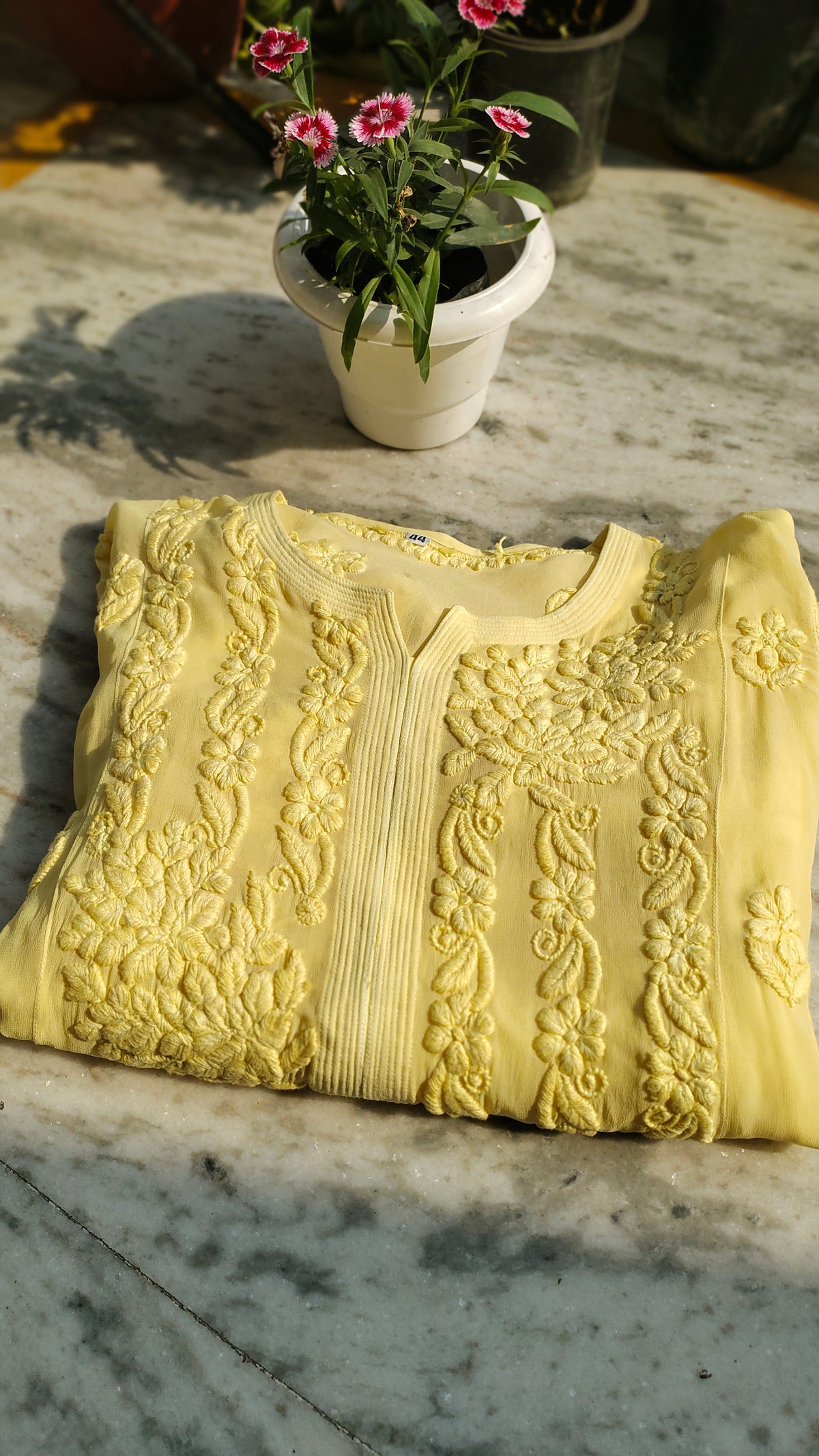 Handmade Rose Embroidery Georgette long Kurta by LVW Fashions featuring traditional Lucknow Chikankari craftsmanship.
