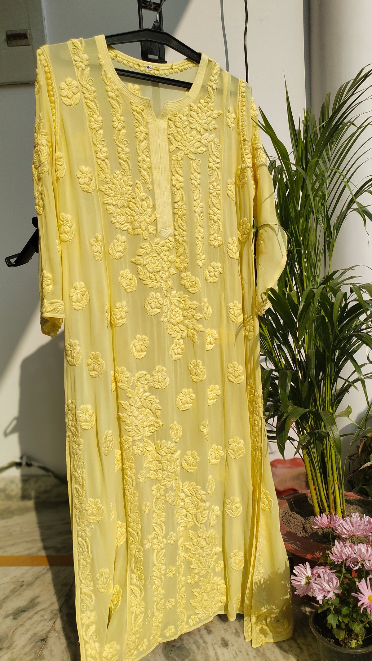 Pink rose embroidery on a pure georgette long chikankari kurta by LVW Fashions, handmade in Lucknow.