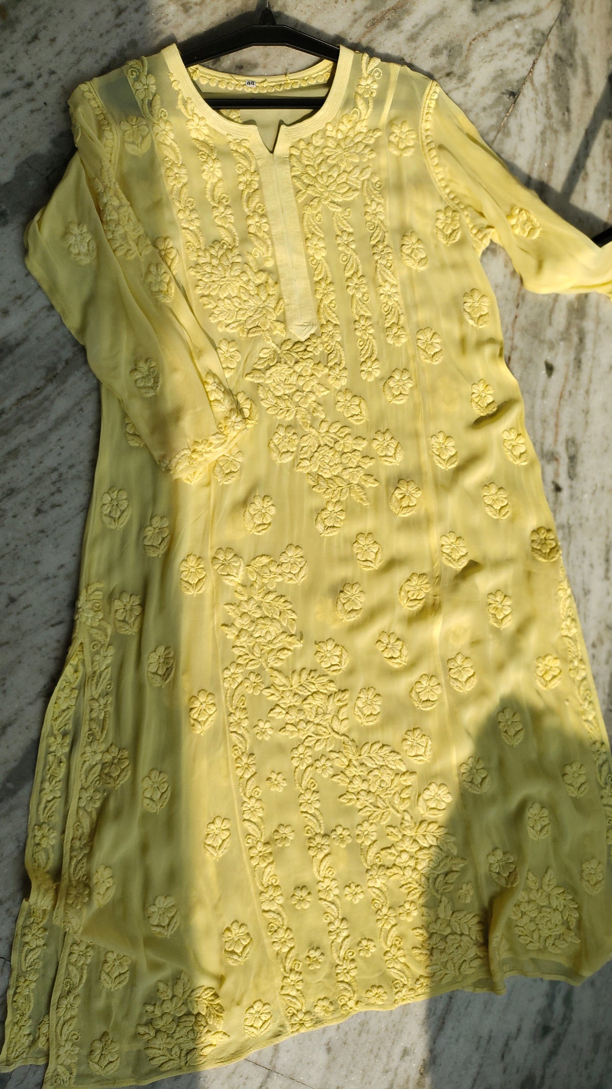 Handmade Rose Embroidery Chikankari long kurta in premium georgette fabric by LVW Fashions, featuring intricate Lucknow-style embroidery.