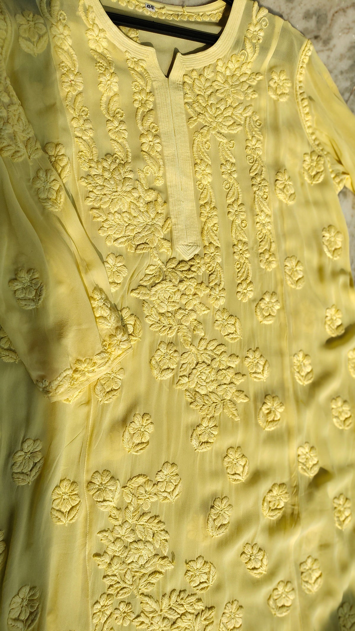 Rose embroidery on a pure georgette long kurta by LVW Fashions, handmade Lucknow chikankari with intricate detailing.