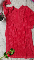 Meer Premium Georgette Chikankari Long Kurta by LVW Fashions featuring intricate handmade Lucknow Chikankari in rose garnet color.