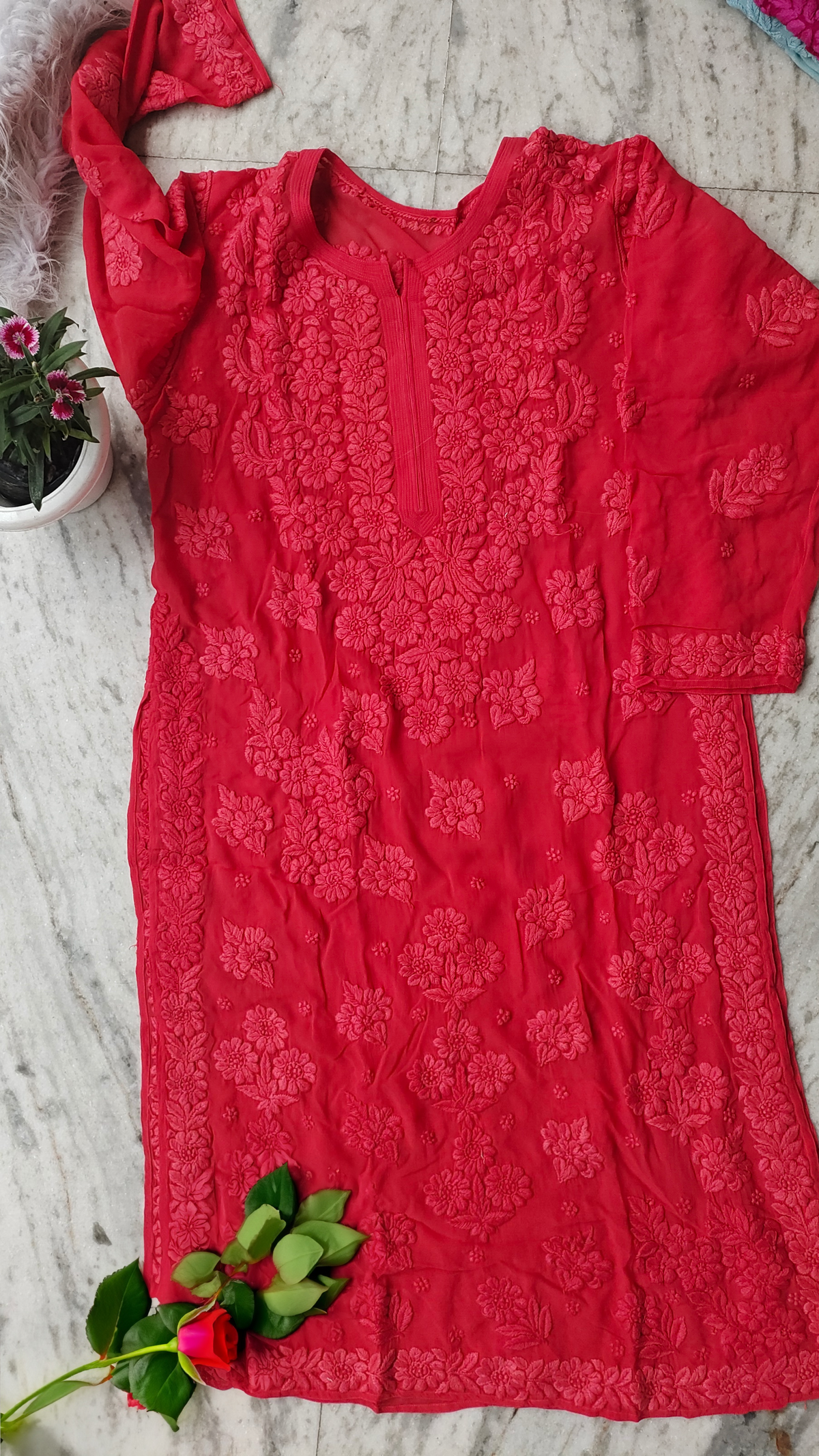Meer Premium Georgette Chikankari Long Kurta by LVW Fashions featuring intricate handmade Lucknow Chikankari in rose garnet color.