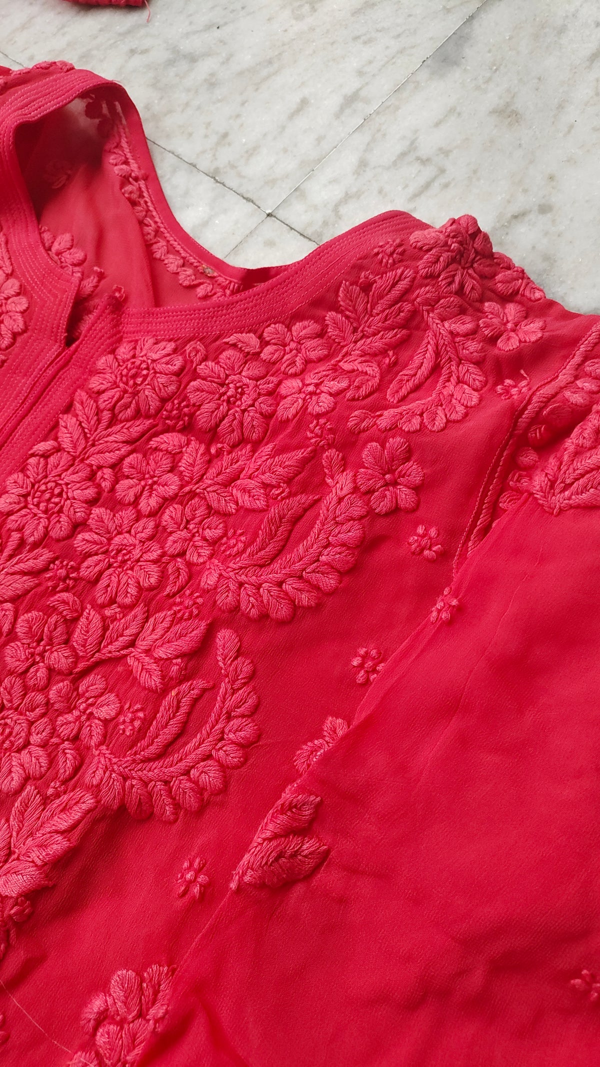 LVW Fashions Meer Premium Georgette Chikankari Long Kurta in rose garnet with intricate handmade Lucknow Chikankari embroidery.