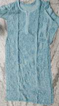 Meer Premium Georgette Chikankari Long Kurta by LVW Fashions with intricate hand-embroidery in rose garnet color.