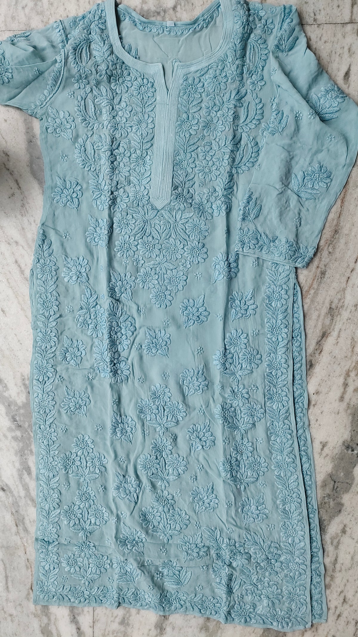 Meer Premium Georgette Chikankari Long Kurta by LVW Fashions with intricate hand-embroidery in rose garnet color.