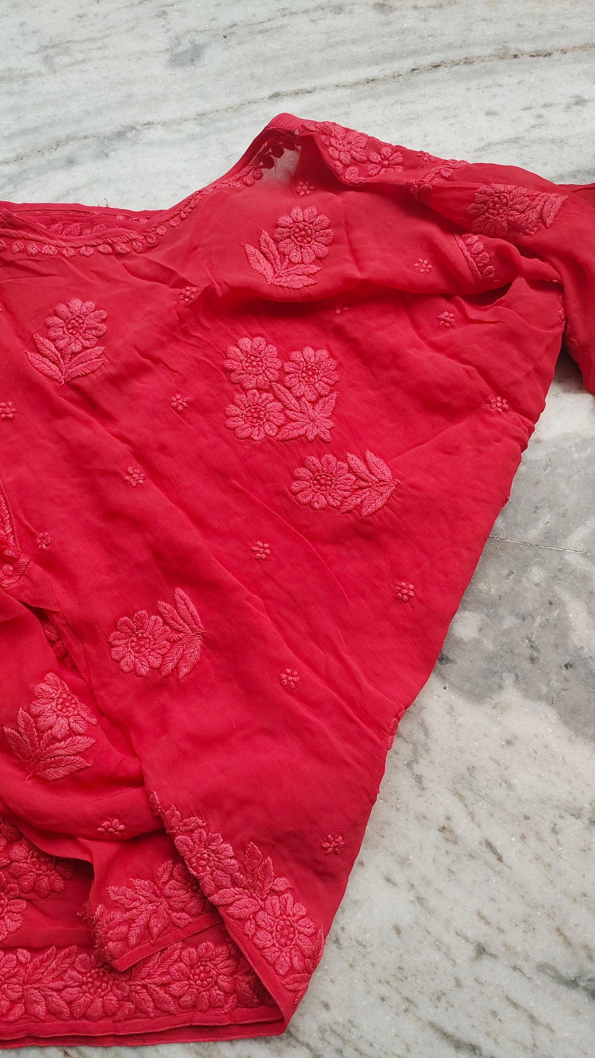 Meer Premium Georgette Chikankari Long Kurta by LVW Fashions, handmade in Lucknow with intricate chikankari embroidery in rose garnet.