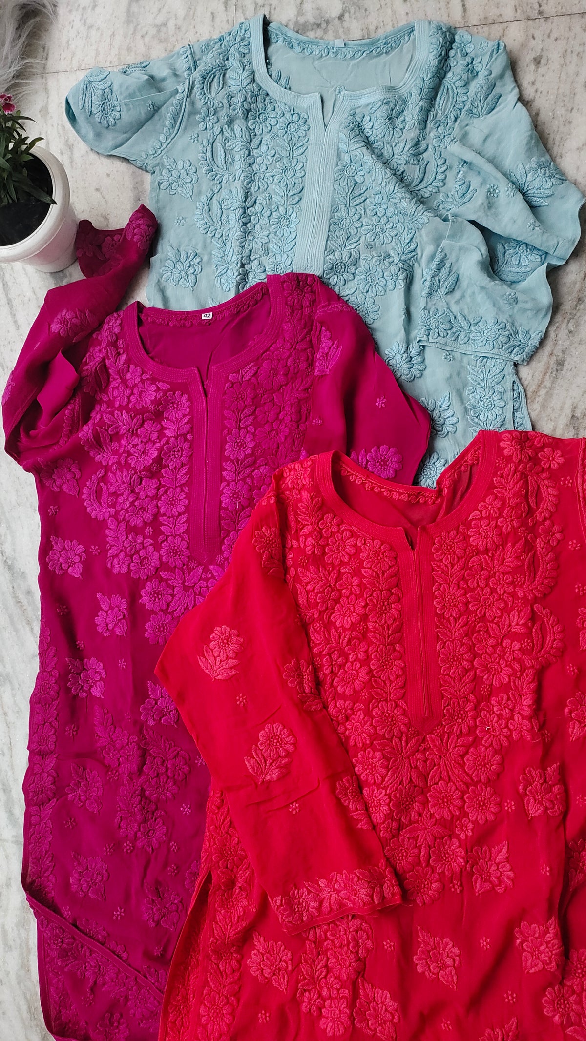Handmade Meer Premium Georgette Chikankari long kurta by LVW Fashions in rose garnet color, featuring intricate Lucknow Chikankari embroidery.