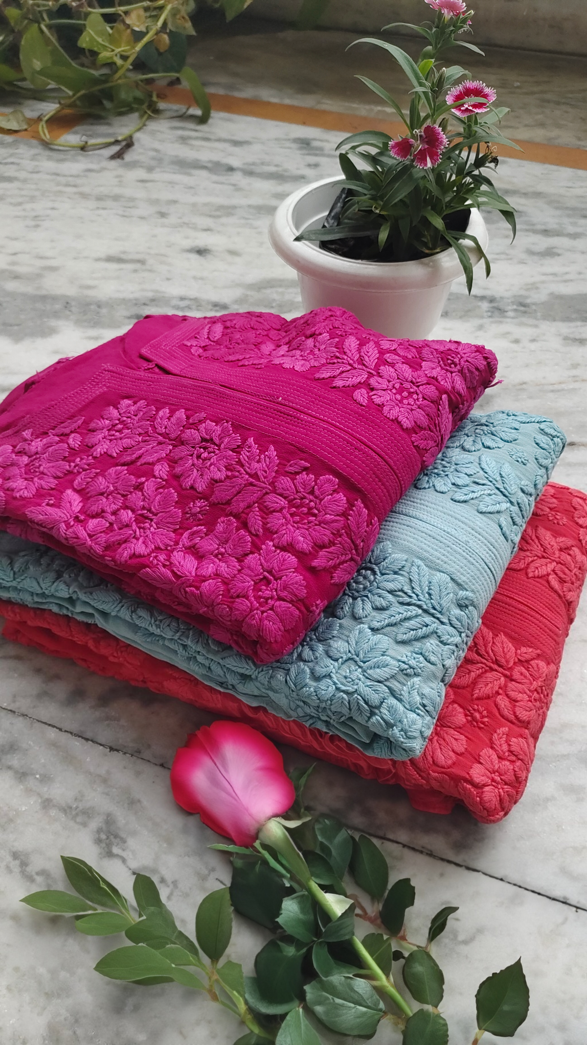 Meer Premium Georgette Chikankari Long Kurta by LVW Fashions, handmade Lucknow chikankari in rose garnet color.