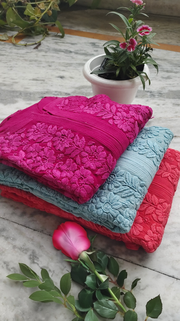 Meer Premium Georgette Chikankari Long Kurta by LVW Fashions, handmade Lucknow chikankari in rose garnet color.