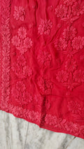 Meer Premium Georgette Chikankari Long Kurta by LVW Fashions, handcrafted in Lucknow with intricate floral embroidery on rose garnet fabric.