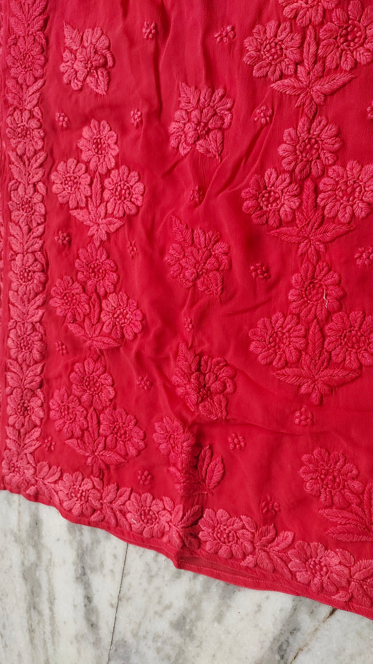 Meer Premium Georgette Chikankari Long Kurta by LVW Fashions, handcrafted in Lucknow with intricate floral embroidery on rose garnet fabric.