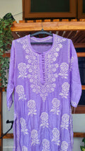 Rose and leaf pattern premium silk chikankari long kurta by LVW Fashions, featuring intricate handmade Lucknow embroidery.