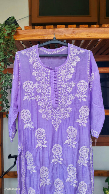 Rose and leaf pattern premium silk chikankari long kurta by LVW Fashions, featuring intricate handmade Lucknow embroidery.
