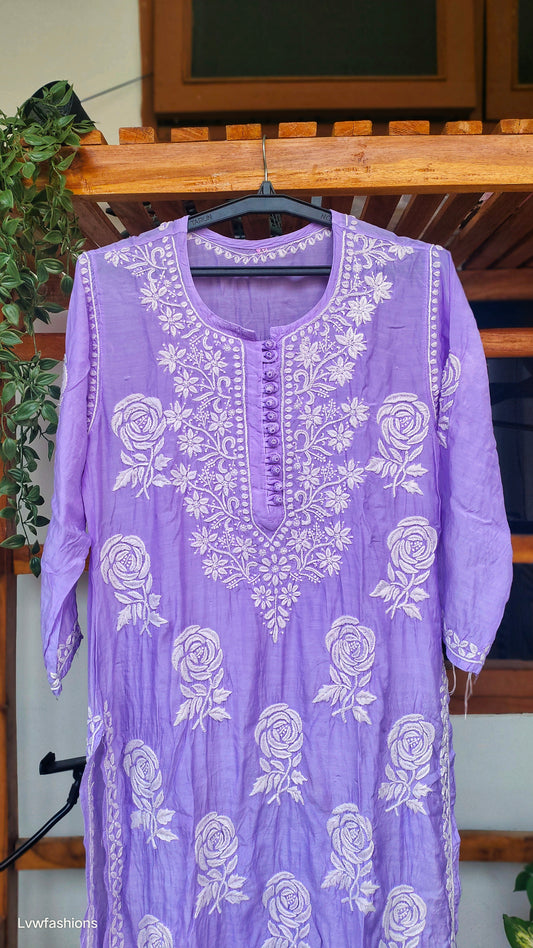 Rose and leaf pattern premium silk chikankari long kurta by LVW Fashions, featuring intricate handmade Lucknow embroidery.