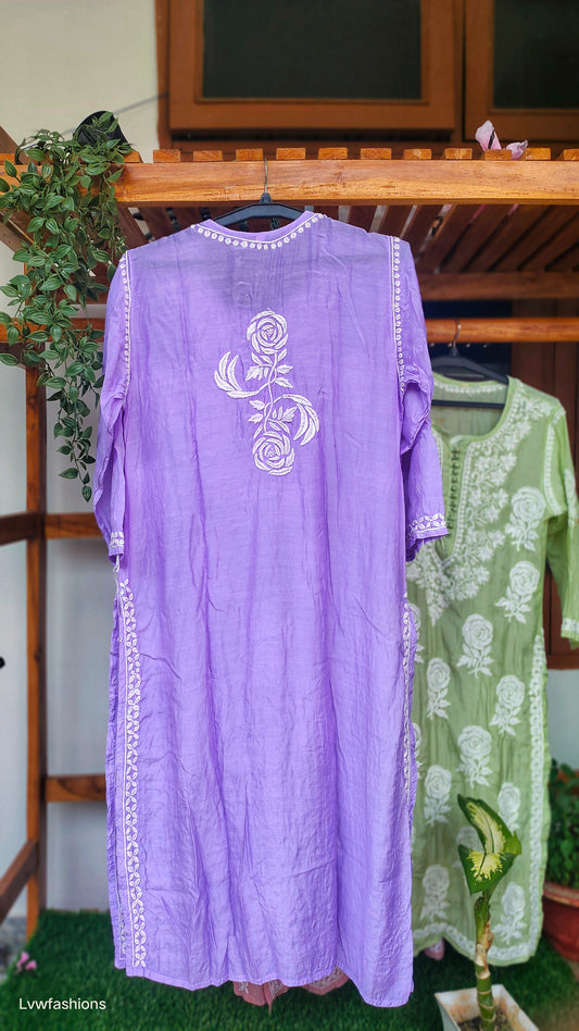 Rose and leaf design LVW Fashions silk Chikankari long kurta with intricate handmade embroidery from Lucknow.