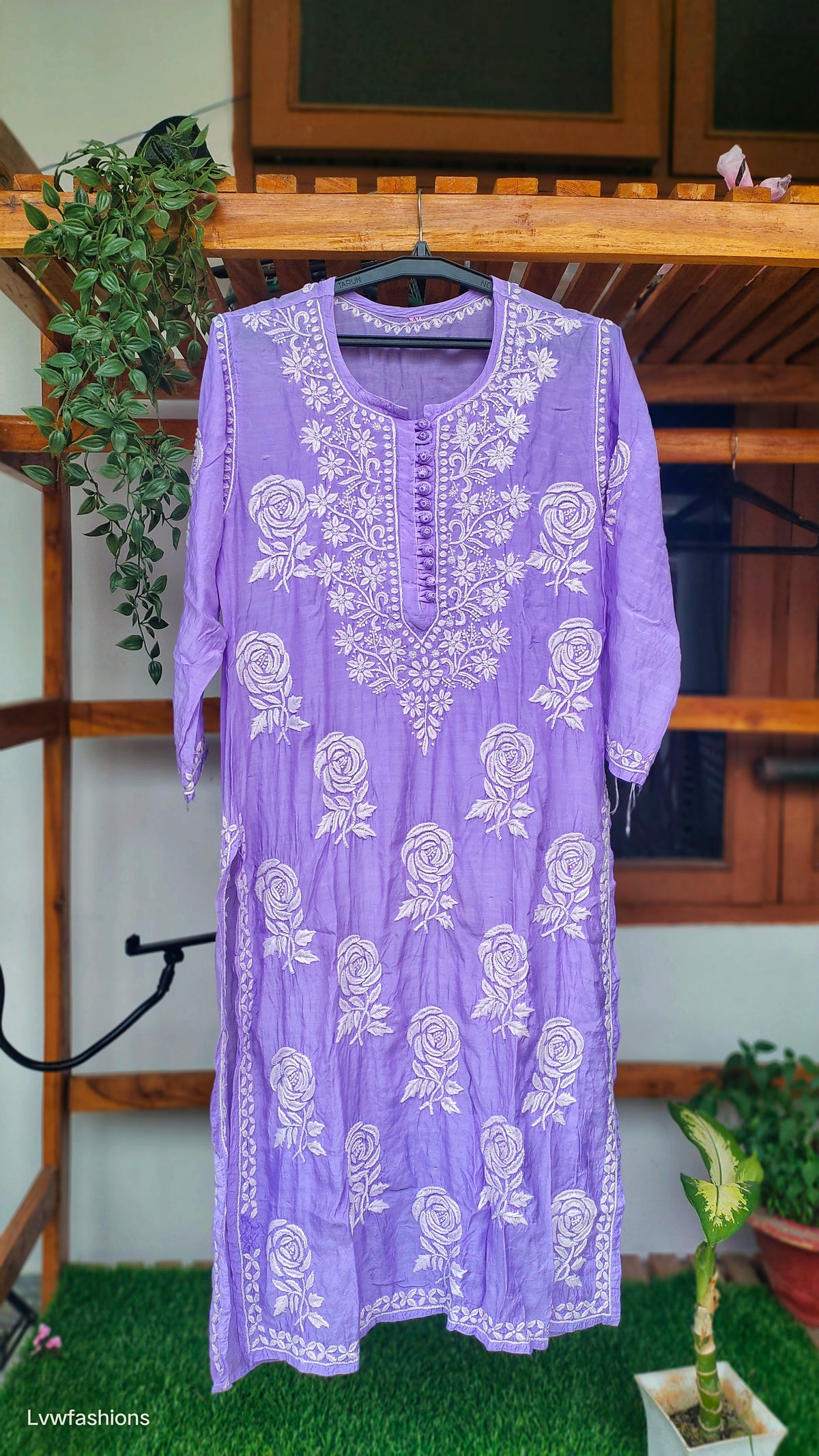 Handmade LVW Fashions silk chikankari long kurta with rose and leaf embroidery, traditional Lucknow Chikankari style.