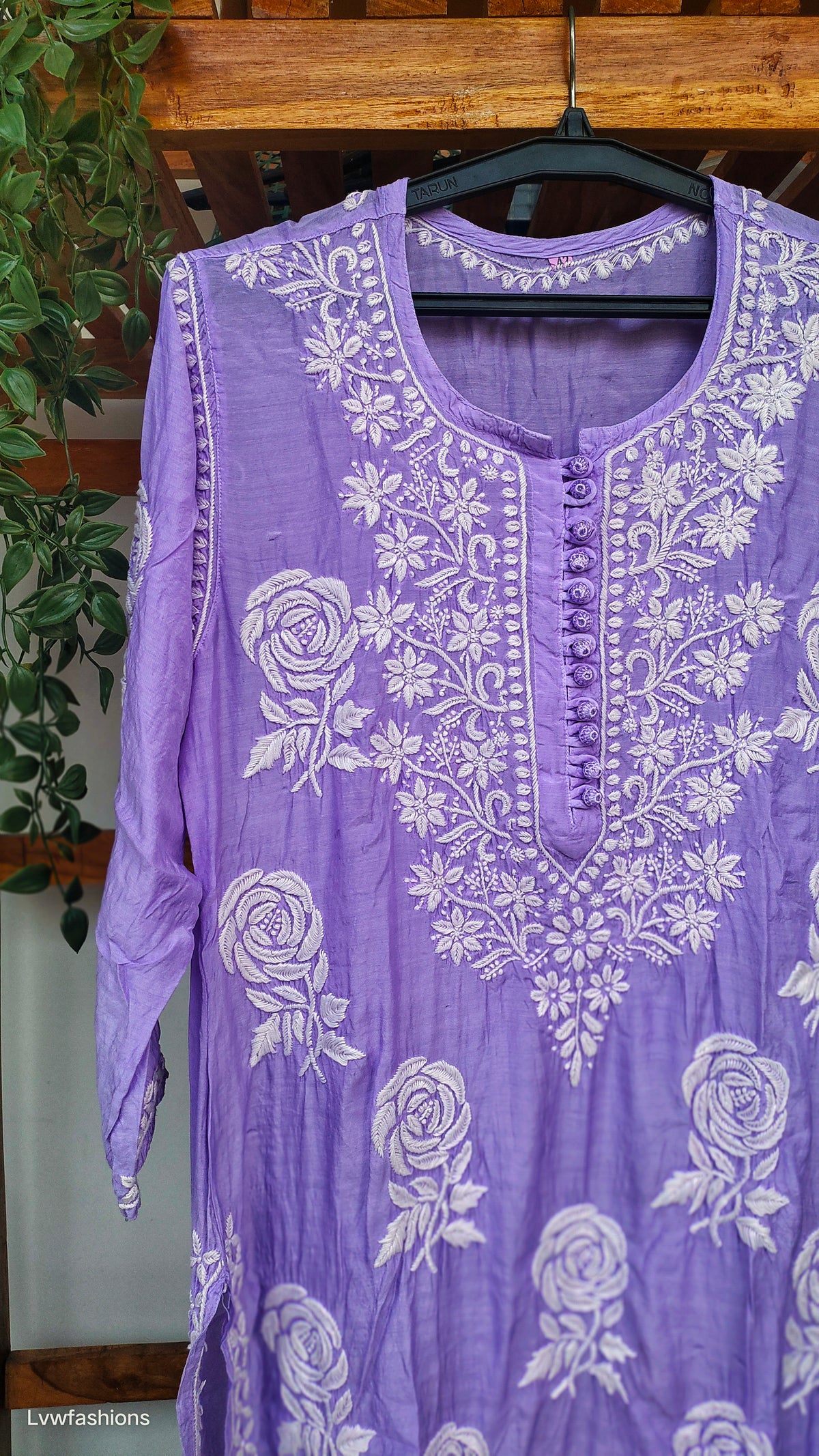 Handmade LVW Fashions silk long kurta with intricate Rose and Leaf Lucknow chikankari embroidery in a premium silk fabric.