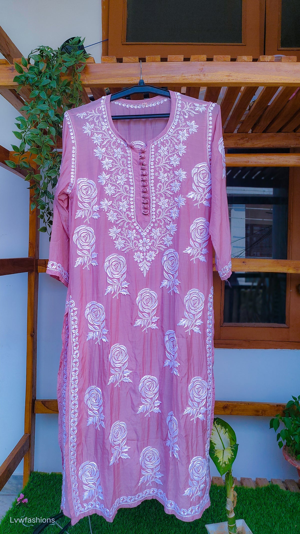LVW Fashions handmade silk Chikankari long kurta with rose and leaf embroidery, crafted in Lucknow, featuring traditional pure craftsmanship.