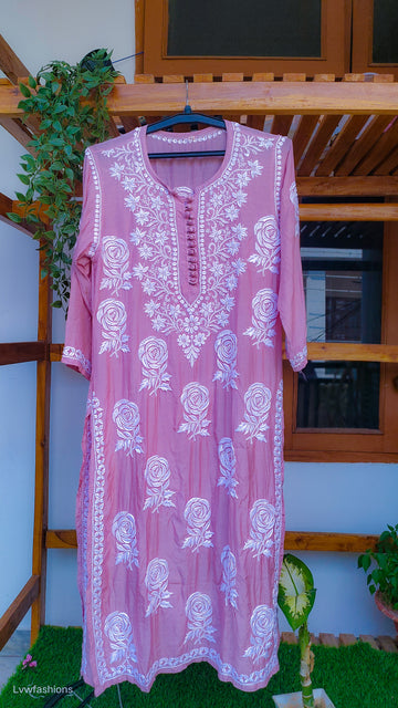LVW Fashions handmade silk Chikankari long kurta with rose and leaf embroidery, crafted in Lucknow, featuring traditional pure craftsmanship.