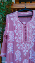 LVW Fashions handmade silk long kurta with intricate rose and leaf Lucknow chikankari embroidery, pure and premium quality.