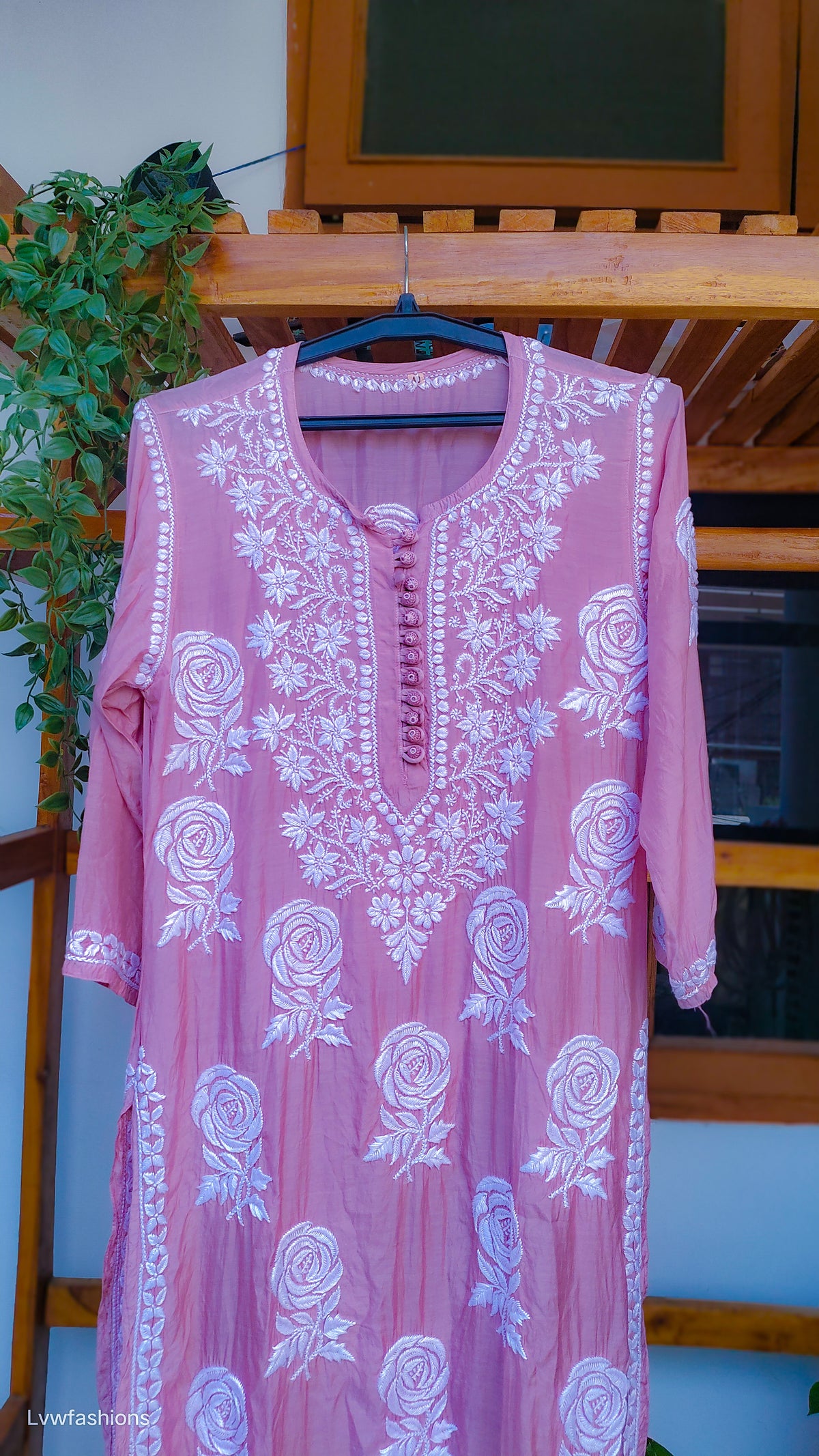 LVW Fashions Rose & Leaf premium silk Chikankari long kurta, handmade Lucknow embroidery, featuring intricate floral and leaf designs.