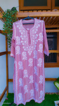 LVW Fashions handmade silk chikankari long kurta with rose and leaf embroidery, pure and elegant traditional Lucknow chikankari design.
