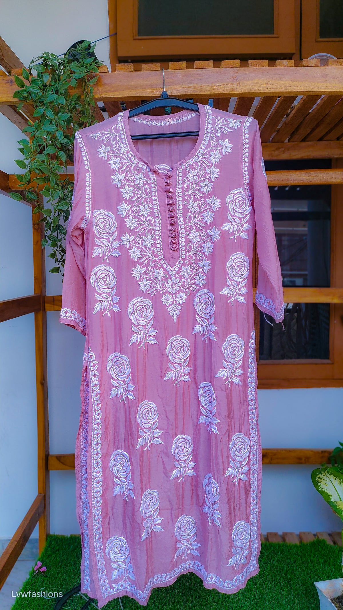 LVW Fashions handmade silk chikankari long kurta with rose and leaf embroidery, pure and elegant traditional Lucknow chikankari design.
