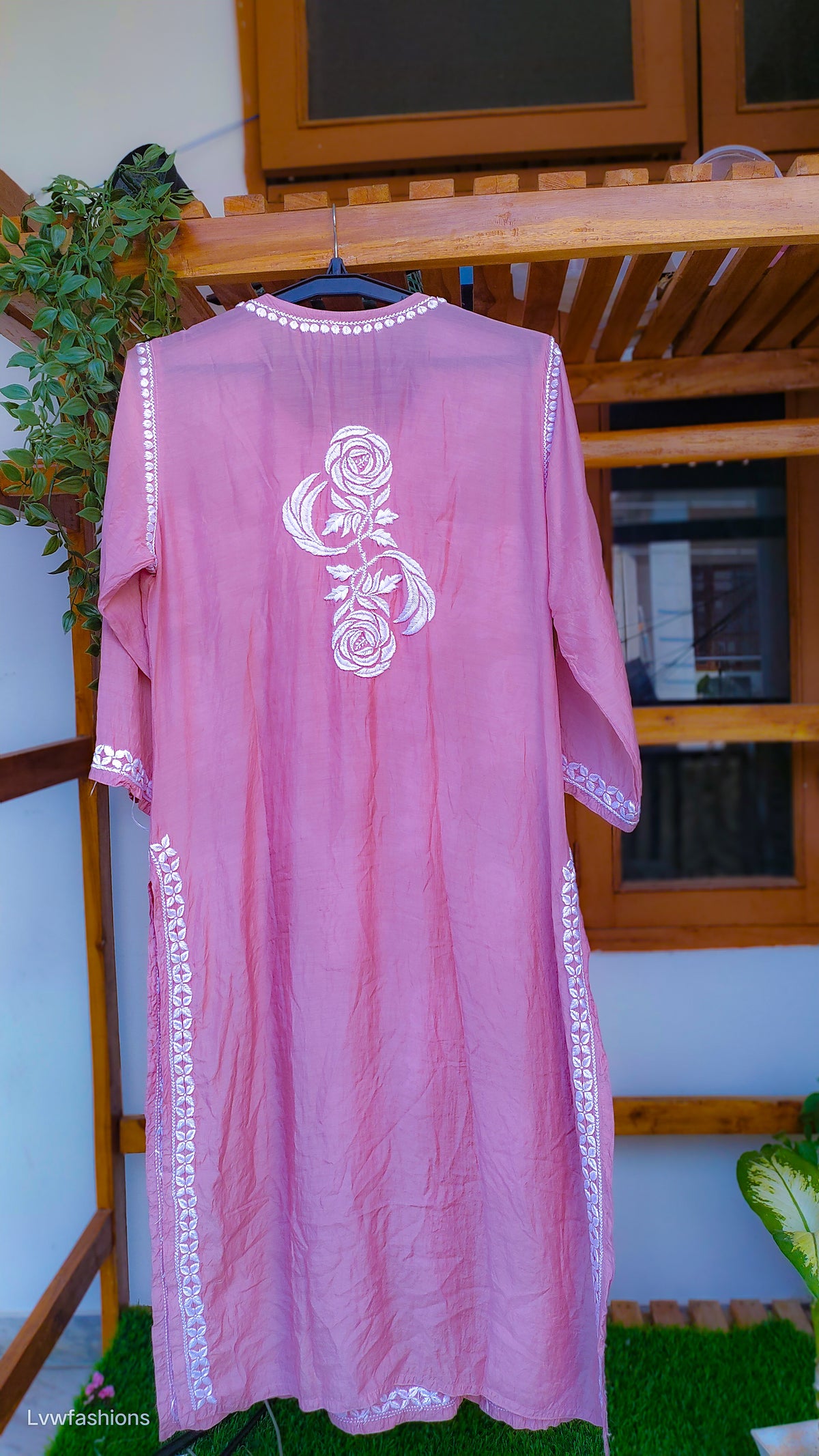 Handmade silk long kurta with intricate rose and leaf chikan embroidery by LVW Fashions, showcasing traditional Lucknow craftsmanship.