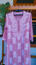Handmade pink silk long kurta with intricate rose and leaf Chikankari embroidery from LVW Fashions, traditional Lucknow craftsmanship.