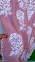 LVW Fashions handmade silk Chikankari long kurta with rose and leaf embroidery, featuring traditional Lucknow craftsmanship.
