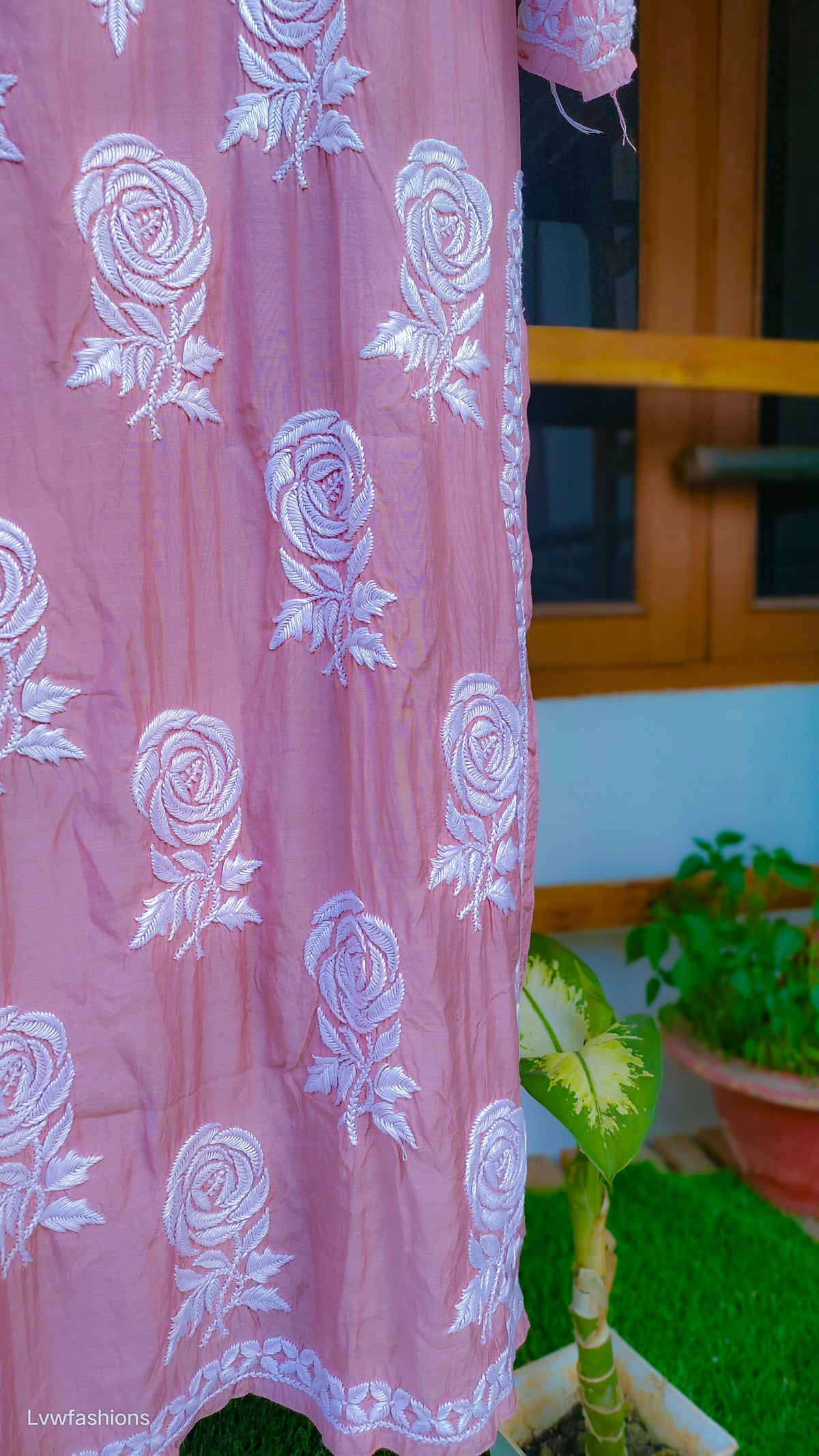 Handmade silk long kurta with rose and leaf chikankari embroidery, crafted by LVW Fashions in traditional Lucknow style.