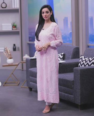Rose pink Georgette long kurti with intricate Chikankari embroidery, featuring neck and Daman details, from LVW Fashions.