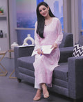 Rose pink premium georgette long kurti with intricate Lucknow chikankari embroidery and neck daman from LVW Fashions.
