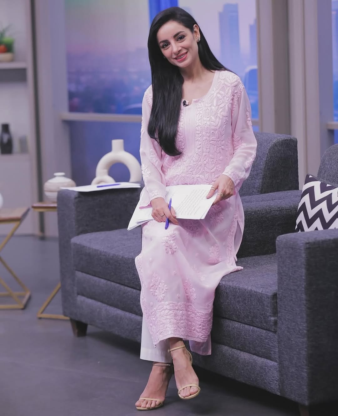 Rose pink premium georgette long kurti with intricate Lucknow chikankari embroidery and neck daman from LVW Fashions.