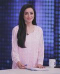 Rose pink Georgette long Kurti with handcrafted Lucknow Chikankari, featuring a neck Daman and elegant embroidery by LVW Fashions.
