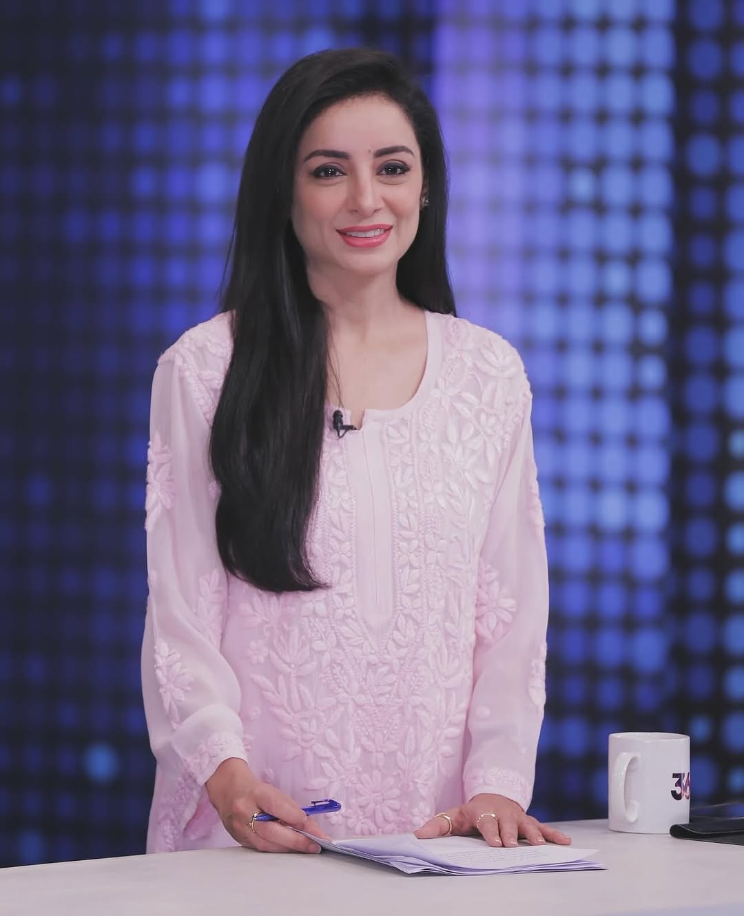 Rose pink Georgette long Kurti with handcrafted Lucknow Chikankari, featuring a neck Daman and elegant embroidery by LVW Fashions.