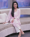 Rose pink premium georgette long kurti with intricate Lucknow chikankari embroidery and neck daman detail from LVW Fashions.