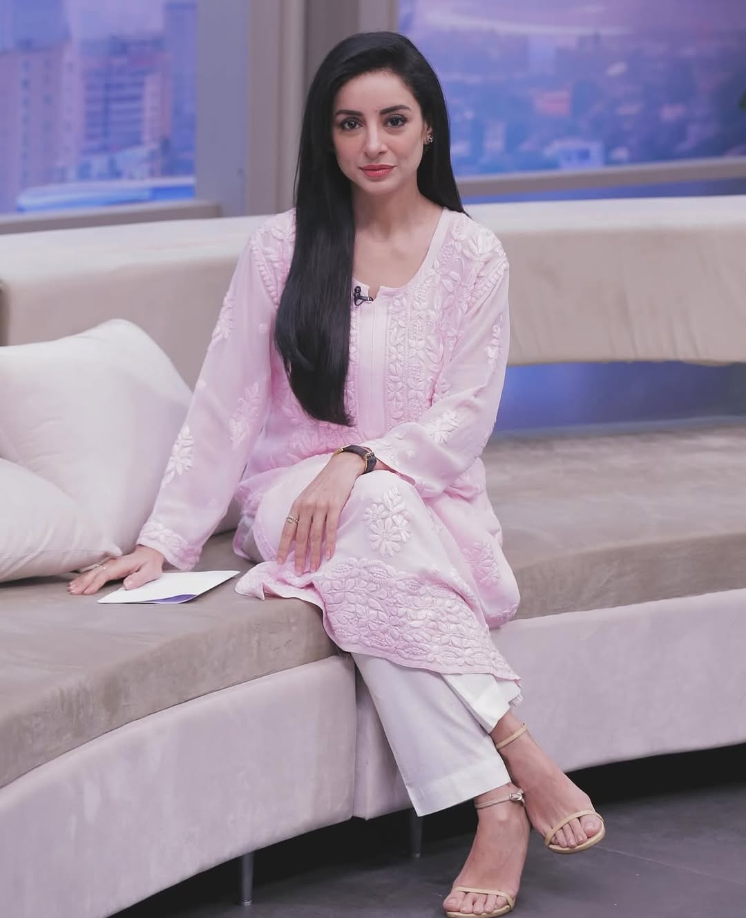 Rose pink premium georgette long kurti with intricate Lucknow chikankari embroidery and neck daman detail from LVW Fashions.